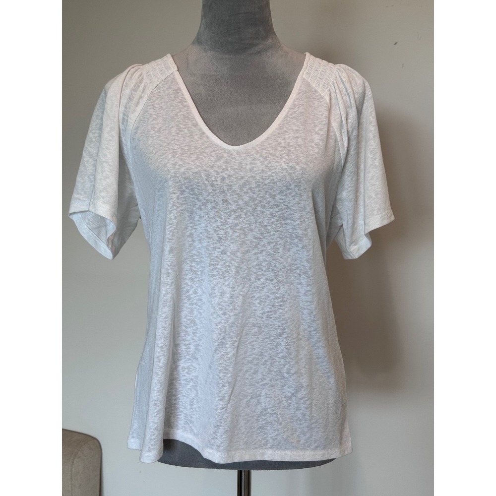 Ann Taylor Factory White V-Neck Smocked Shoulder Slub Knit Top Womens Medium